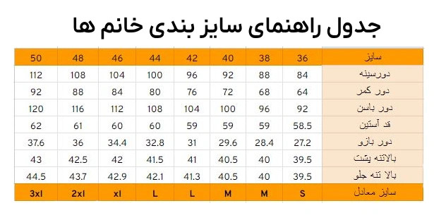 جدول راهنمای سایز بندی